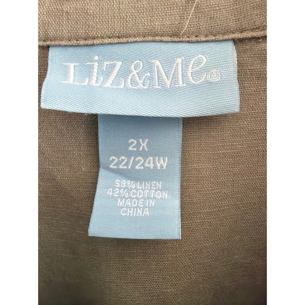 Liz & Me Women 2X Linen Cotton Blend Embroidered Button Down Shirt Taupe Khaki - Picture 4 of 11